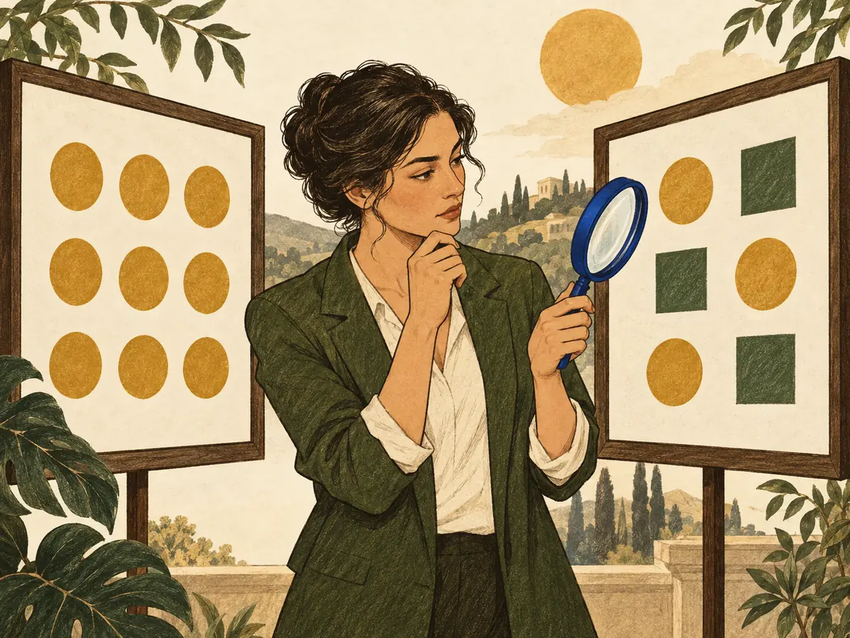 An investigator looks toward an unexpected arrangement of evidence through a cobalt magnifying glass.