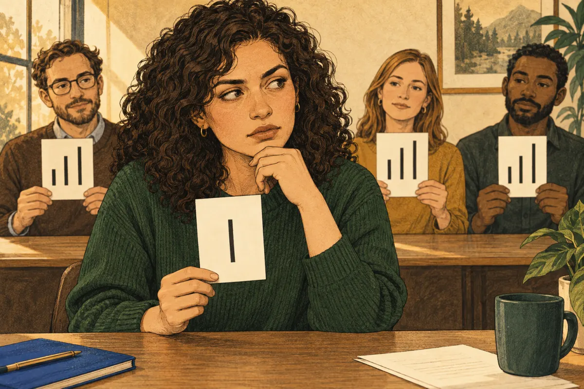 A thoughtful woman considers a line card while other adults hold comparison cards behind her.