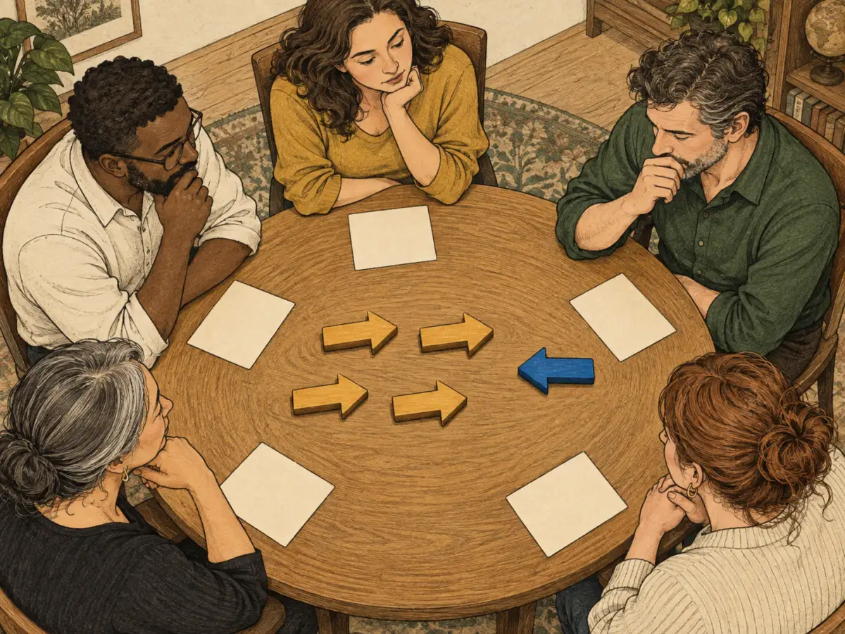 Adults around a table consider four gold arrows pointing together and one blue arrow pointing a different way.