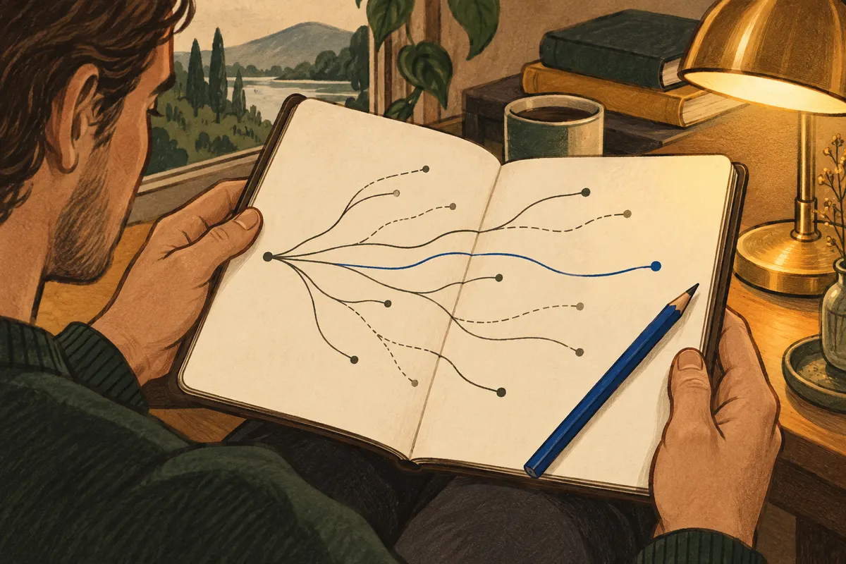 An open notebook records branching possibilities beside a blue pencil.