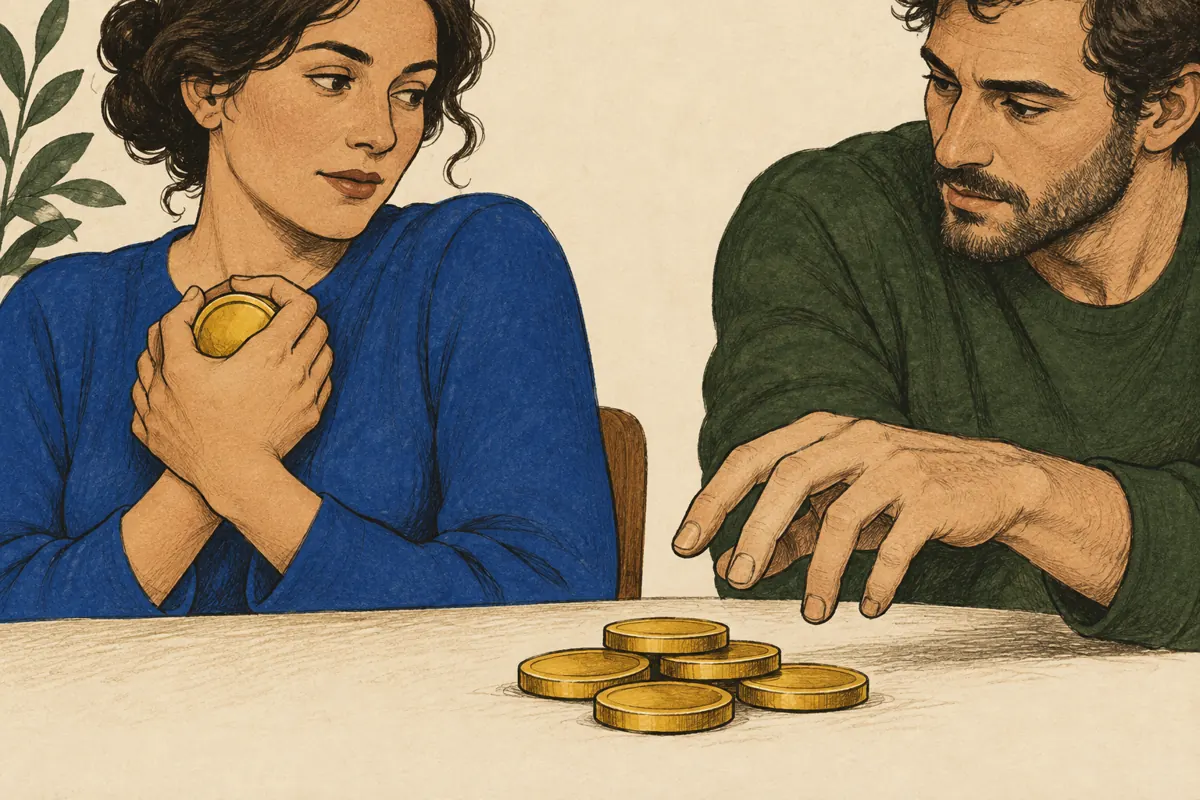 One adult holds a gold token close while another reaches toward a small pile of tokens.