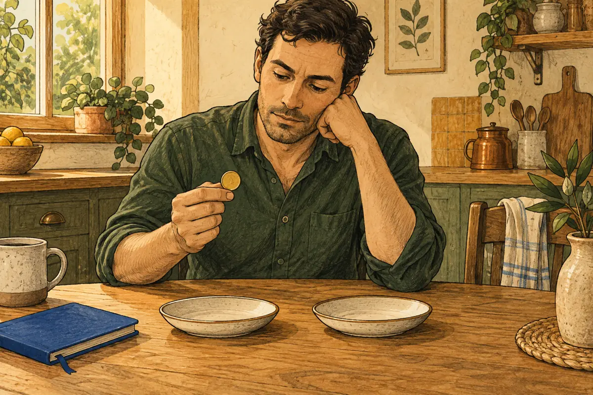 An adult considers a coin flip at a kitchen table with two empty dishes.