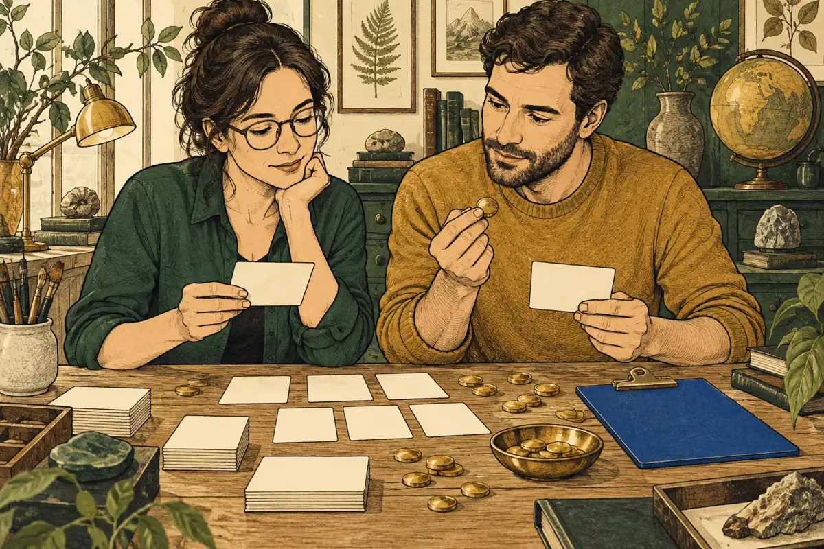 Two adults compare blank choice cards and gold tokens at a worktable.