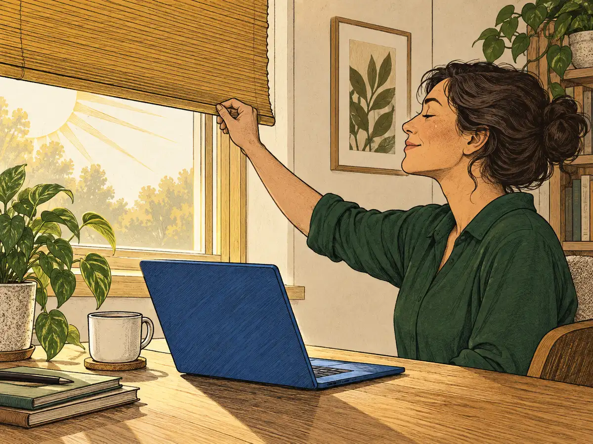 An adult lowers a window blind to reduce glare on a blue laptop.