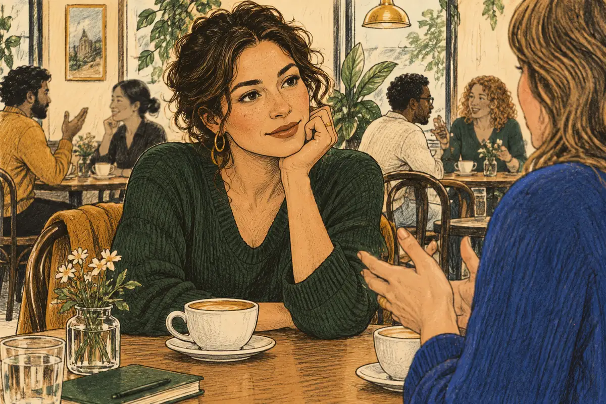 A cafe listener follows one friend’s conversation while other conversations continue in the background.