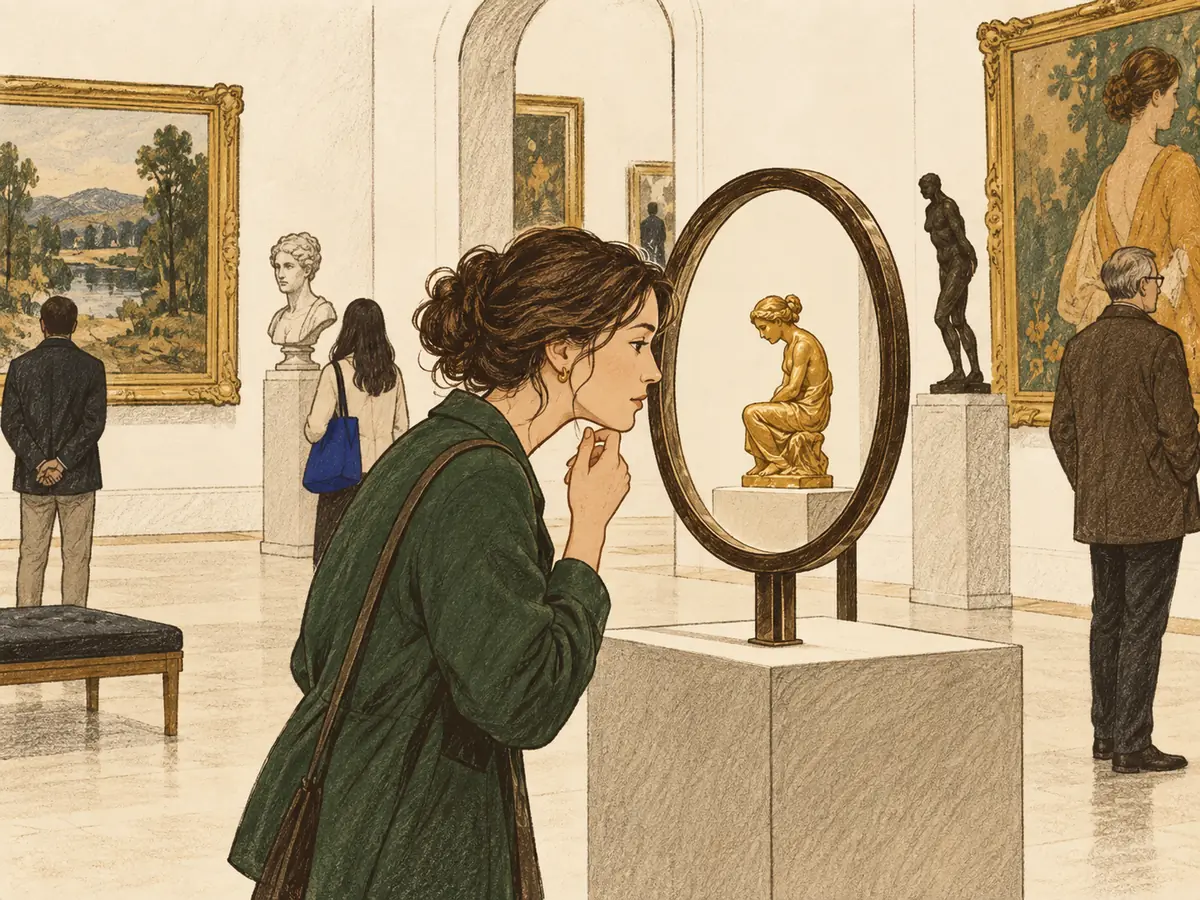 An adult studies a gold sculpture through a viewing frame as other visitors move through a museum gallery.