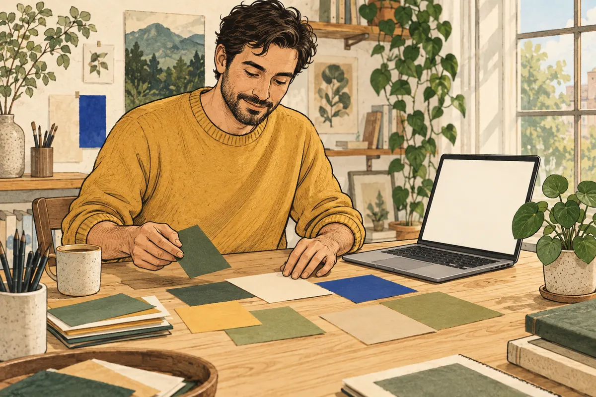 An adult arranges color swatches next to a laptop at a studio table.