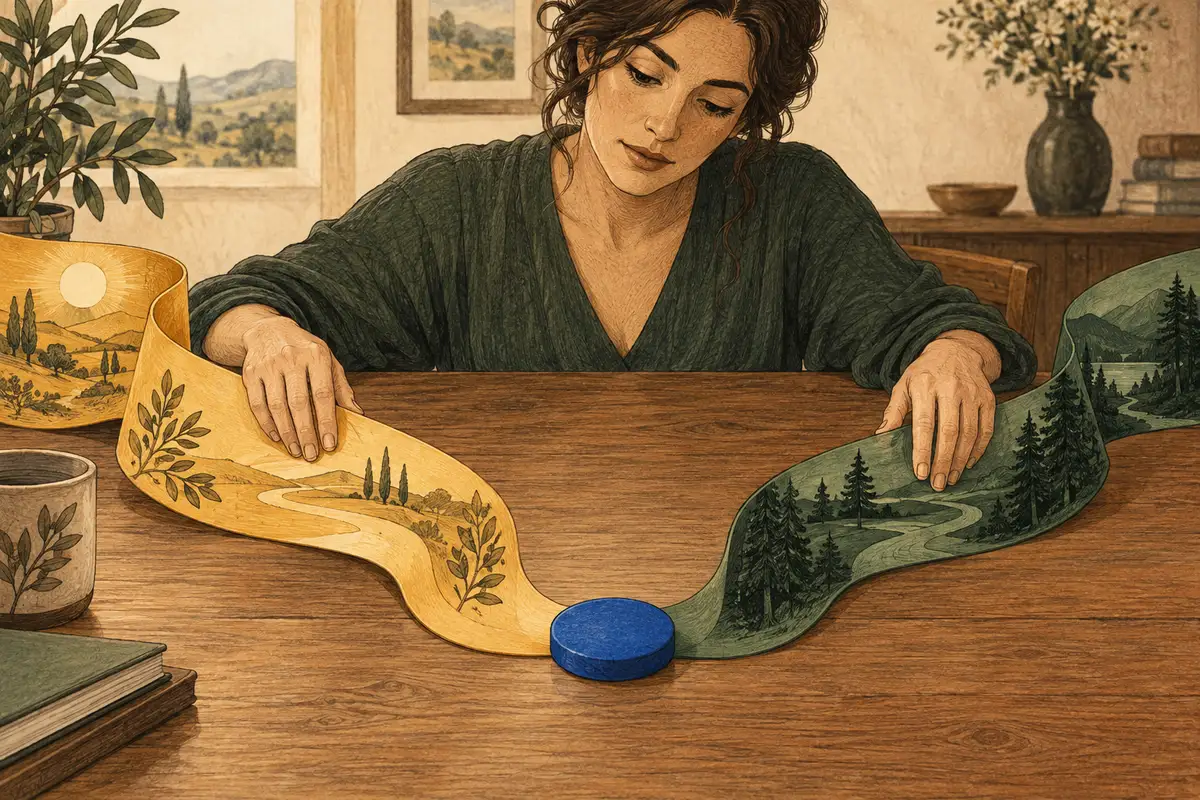 Two paper paths converge at a blue token as a hand traces their routes.