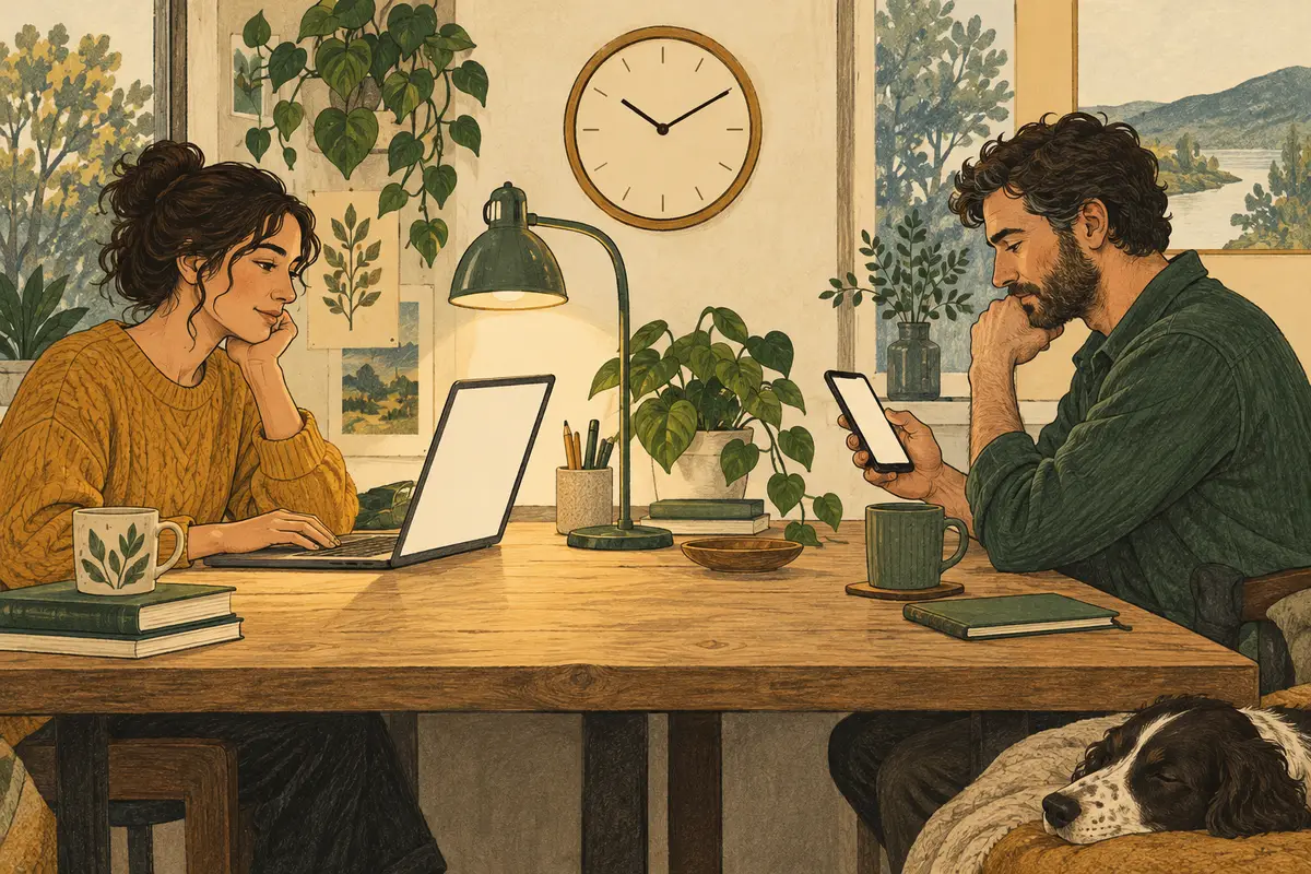 Two adults compare a laptop and a phone at the same workbench.