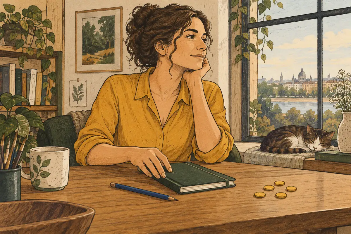 An adult closes a notebook beside five small tokens.