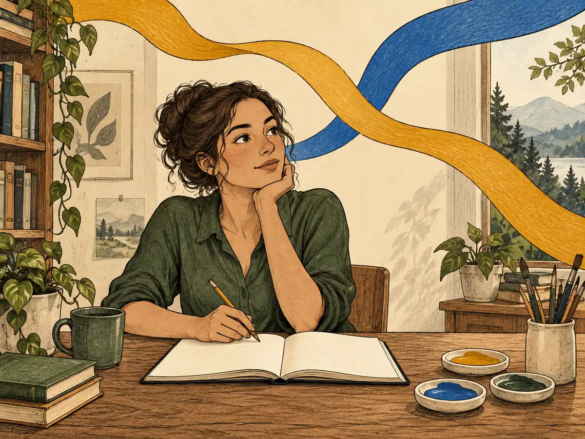 An adult considers two crossing ribbons above a notebook, suggesting competing paths of attention.
