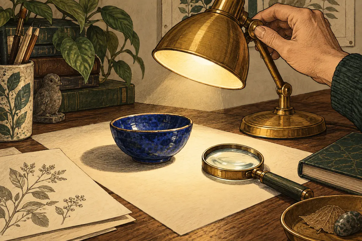 A hand directs a lamp toward a bowl so its rim and shadow become clearer.