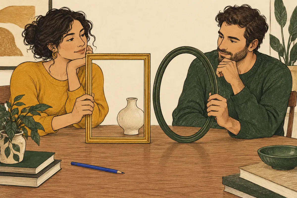 Two adults frame the same small vase from different sides of a table.