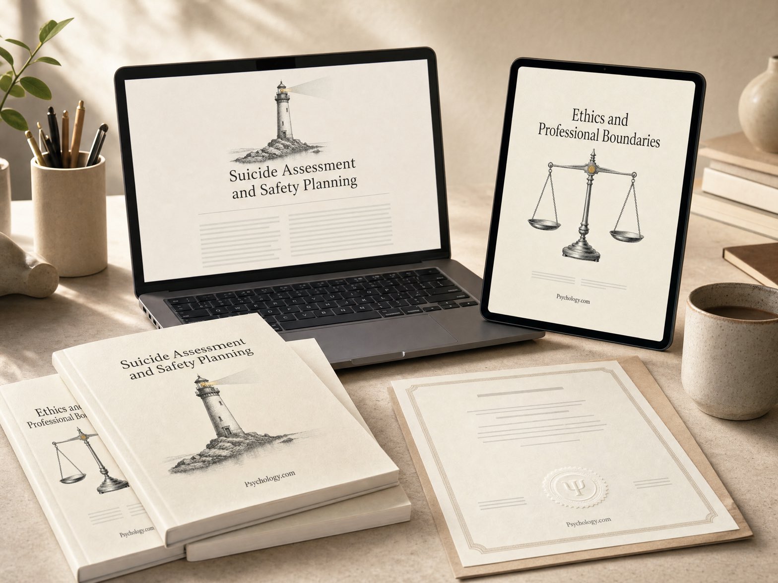 A Psychology.com CE course open on a laptop and tablet, with printed workbooks and a certificate of completion on a desk