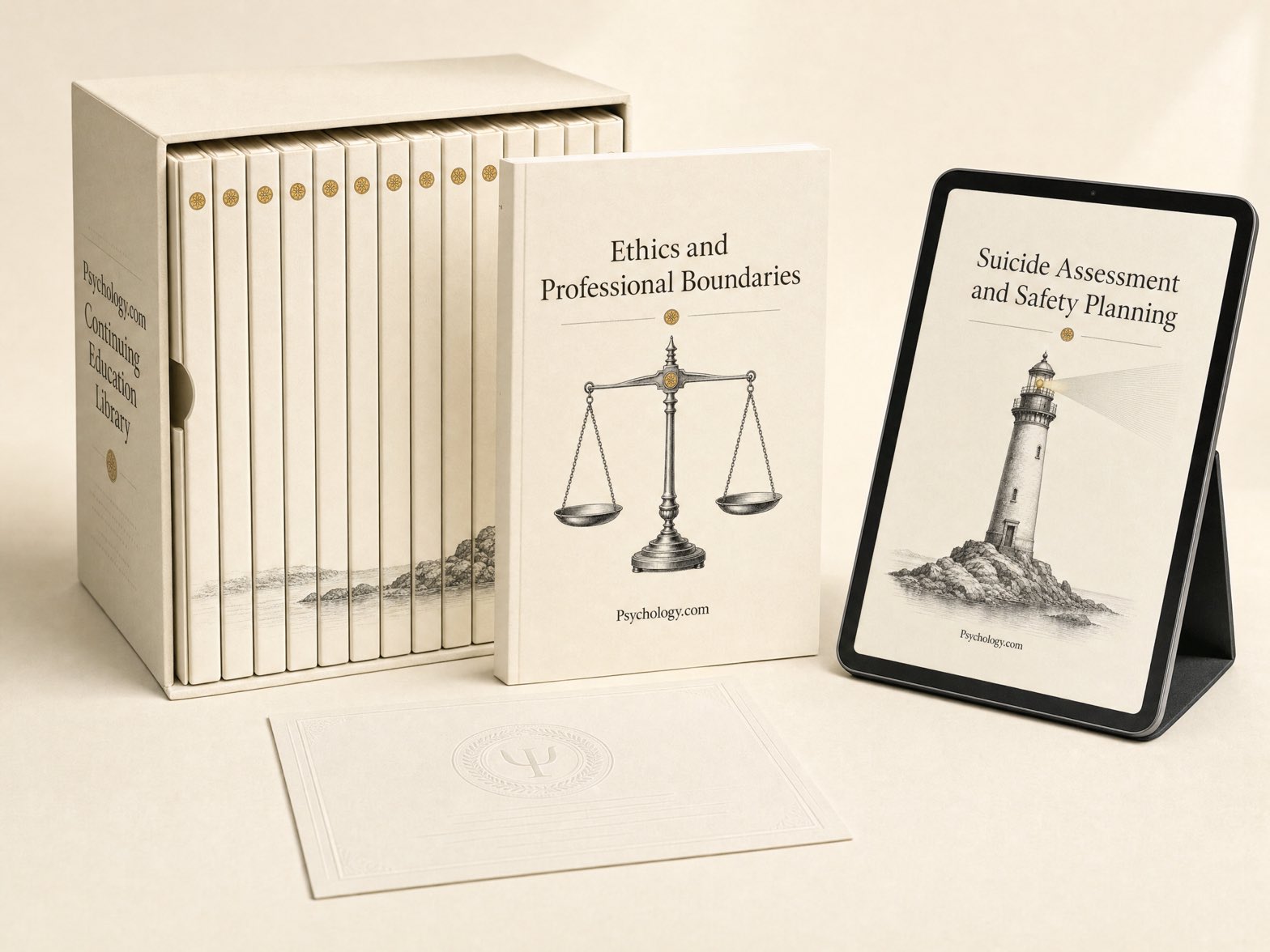 The Psychology.com Continuing Education Library: slipcase collection with titled course workbooks, tablet edition, and embossed certificate