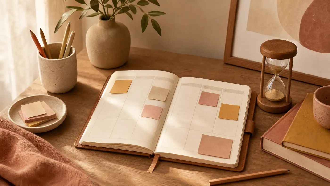 A tidy desk with a paper planner open to a week view, color-coded sticky notes, a sand timer and a pencil, in soft daylight.