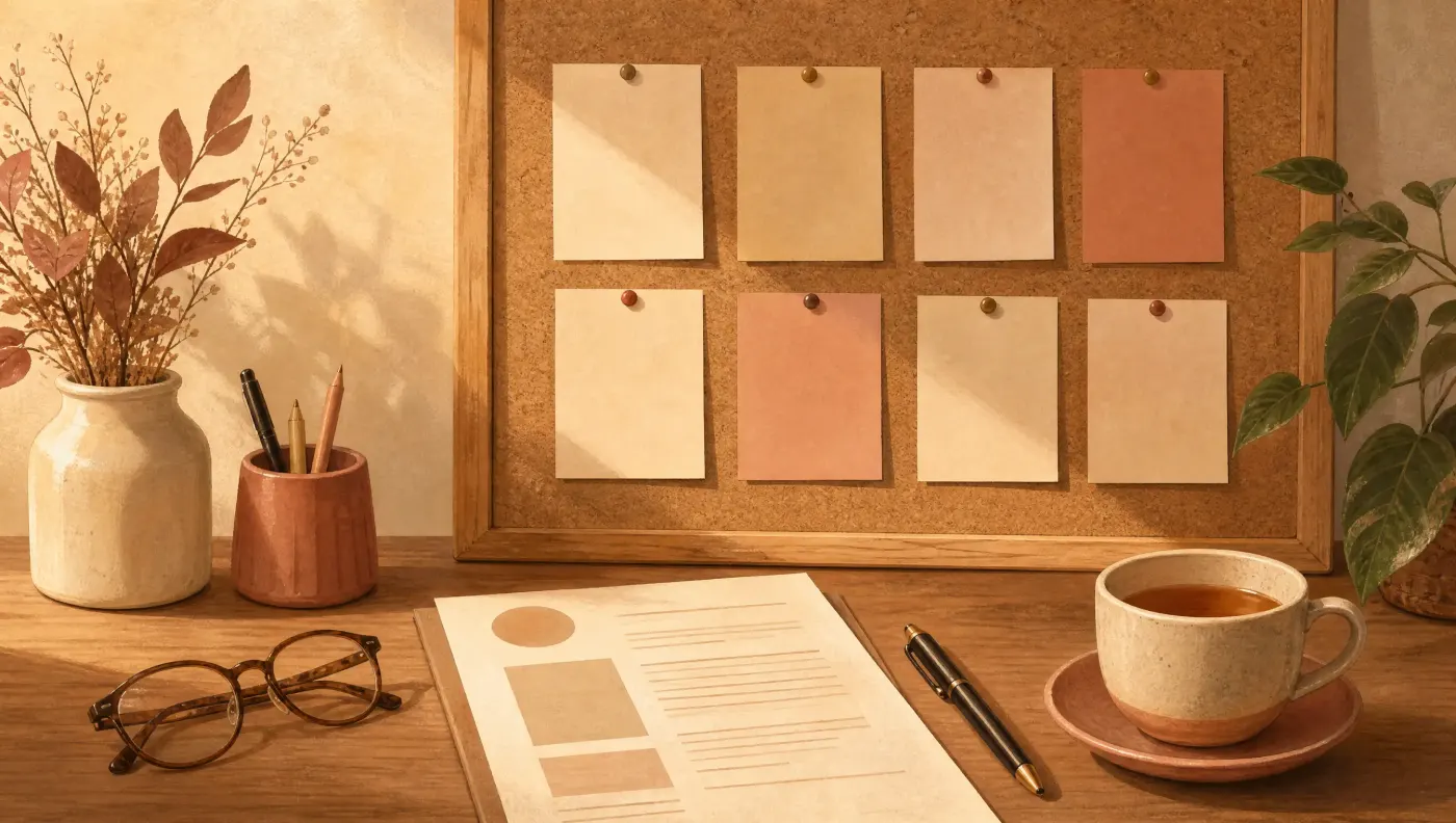 A desk with a printed resume, a pair of glasses, a pen and a cup of tea, and a corkboard with blank cards pinned in rows behind it.