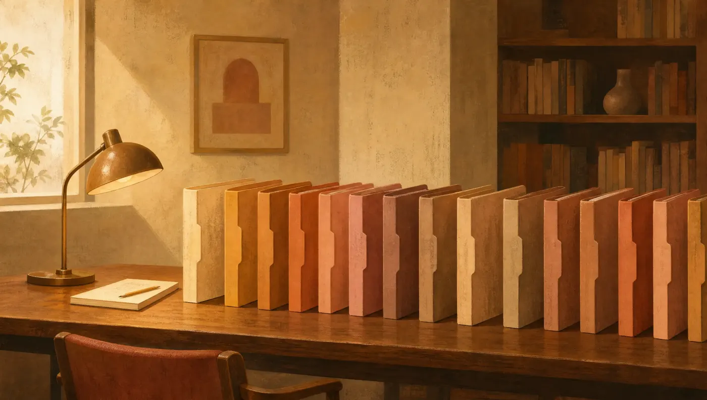 A long reading-room table with a row of folders standing on their edges, each a slightly different warm color, a lamp and a notepad at one end.