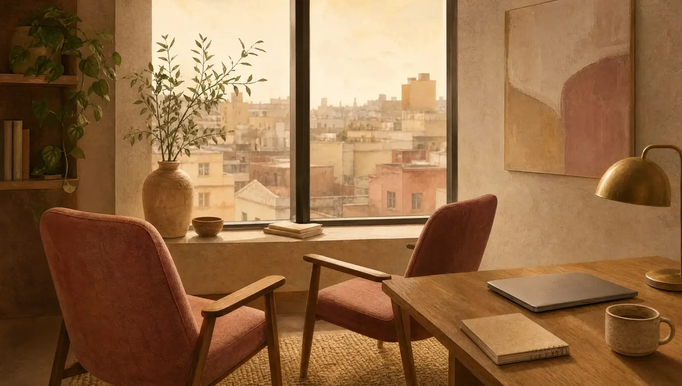 A quiet office corner with two chairs angled toward a window, a closed laptop, a notepad and a cup, city rooftops softened in the distance.