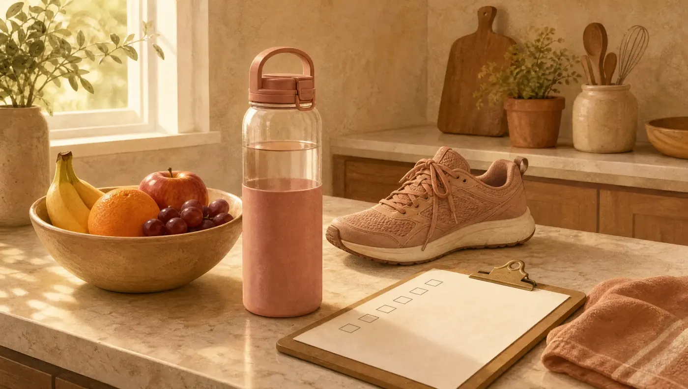 A kitchen counter with a bowl of fruit, a water bottle, a walking shoe and a clipboard with a blank checklist, in morning light.