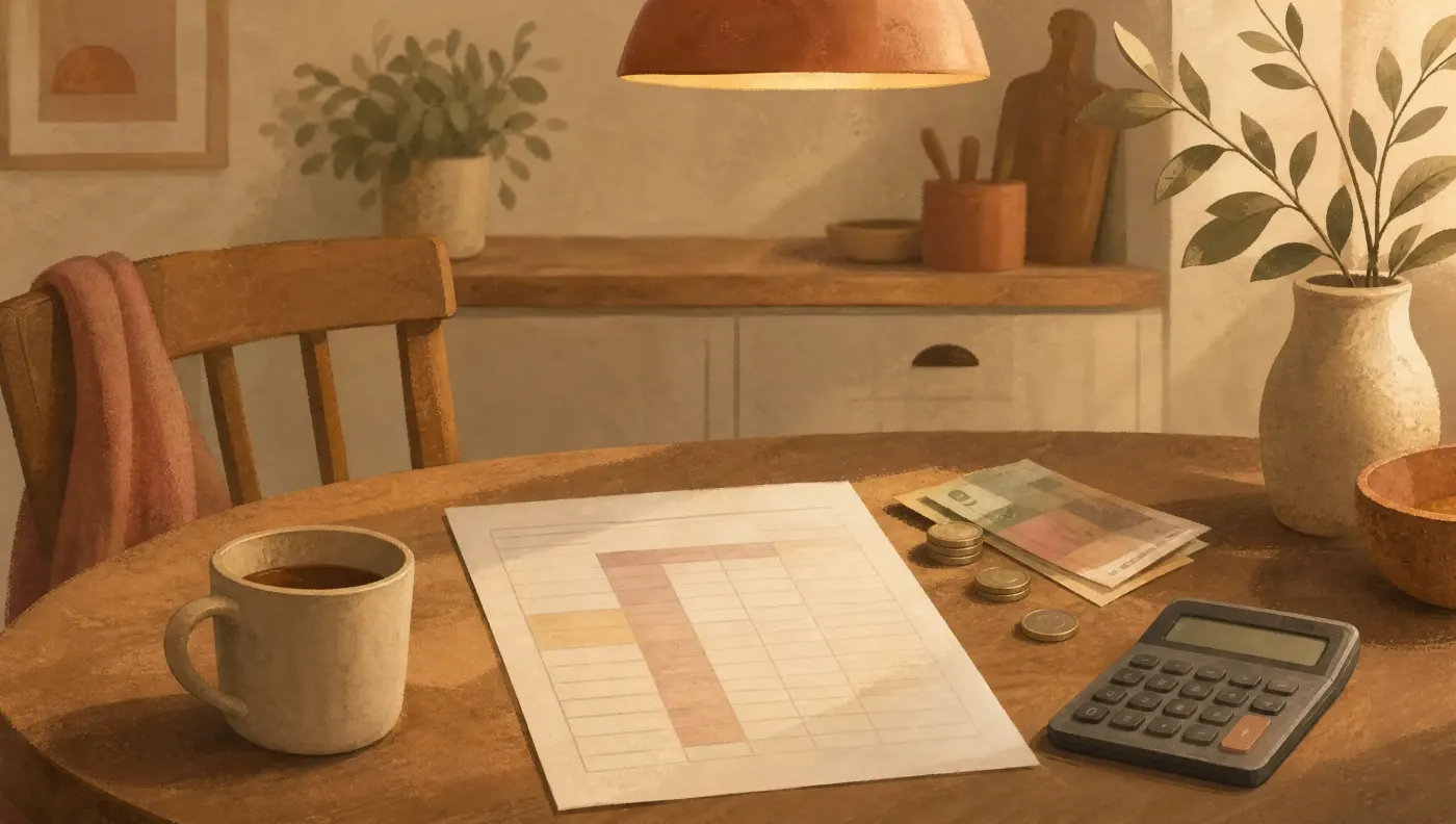 A kitchen table with a paper budget sheet, a few coins and bills, a calculator and a mug under warm overhead light.