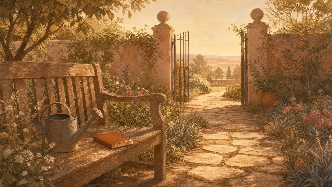 A path of paving stones across a garden toward an open gate, with a bench holding a watering can and a notebook in early light.