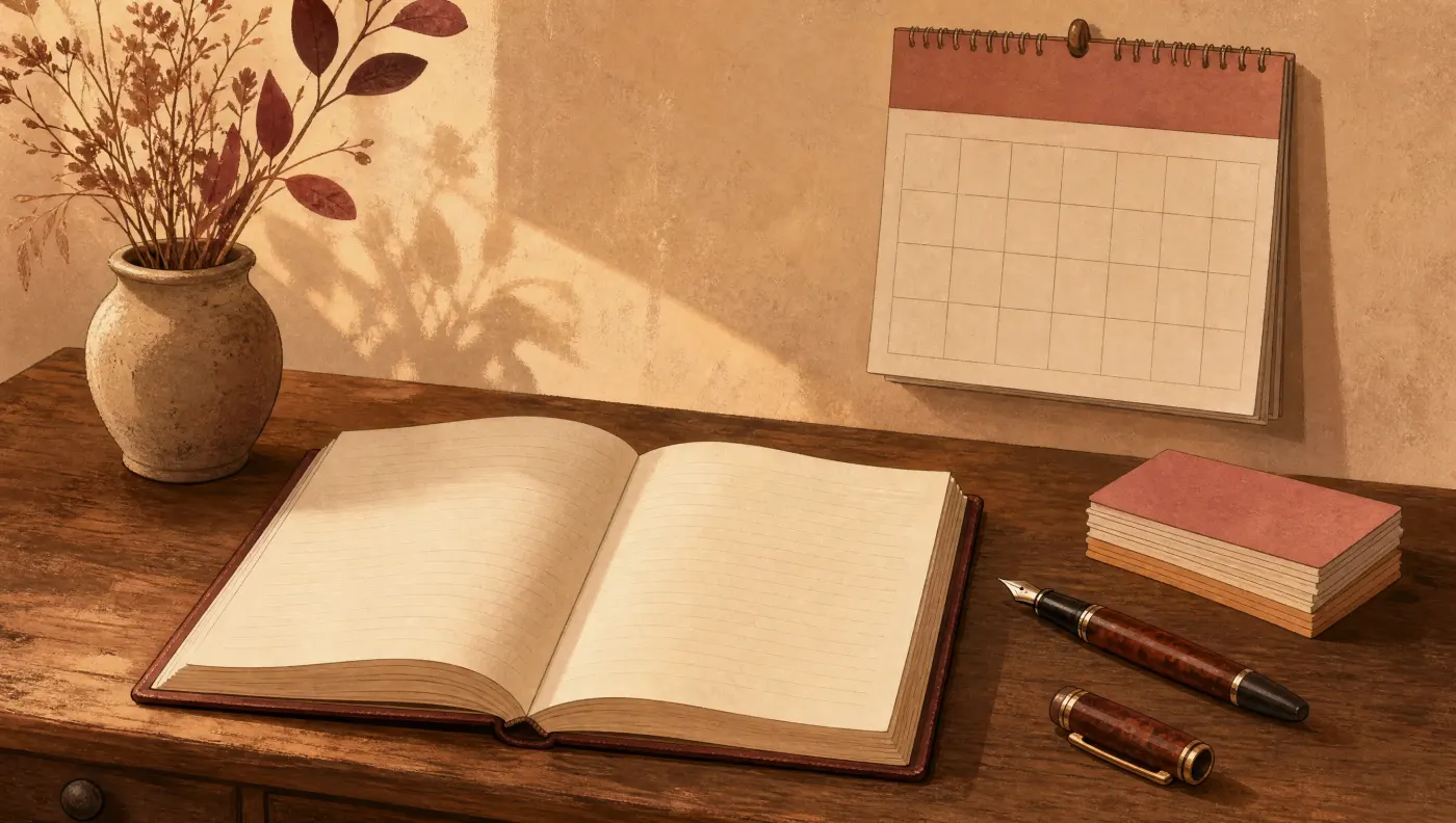 A wooden desk with a bound logbook open to ruled pages, a fountain pen, a wall calendar and a small stack of index cards, in warm side light.