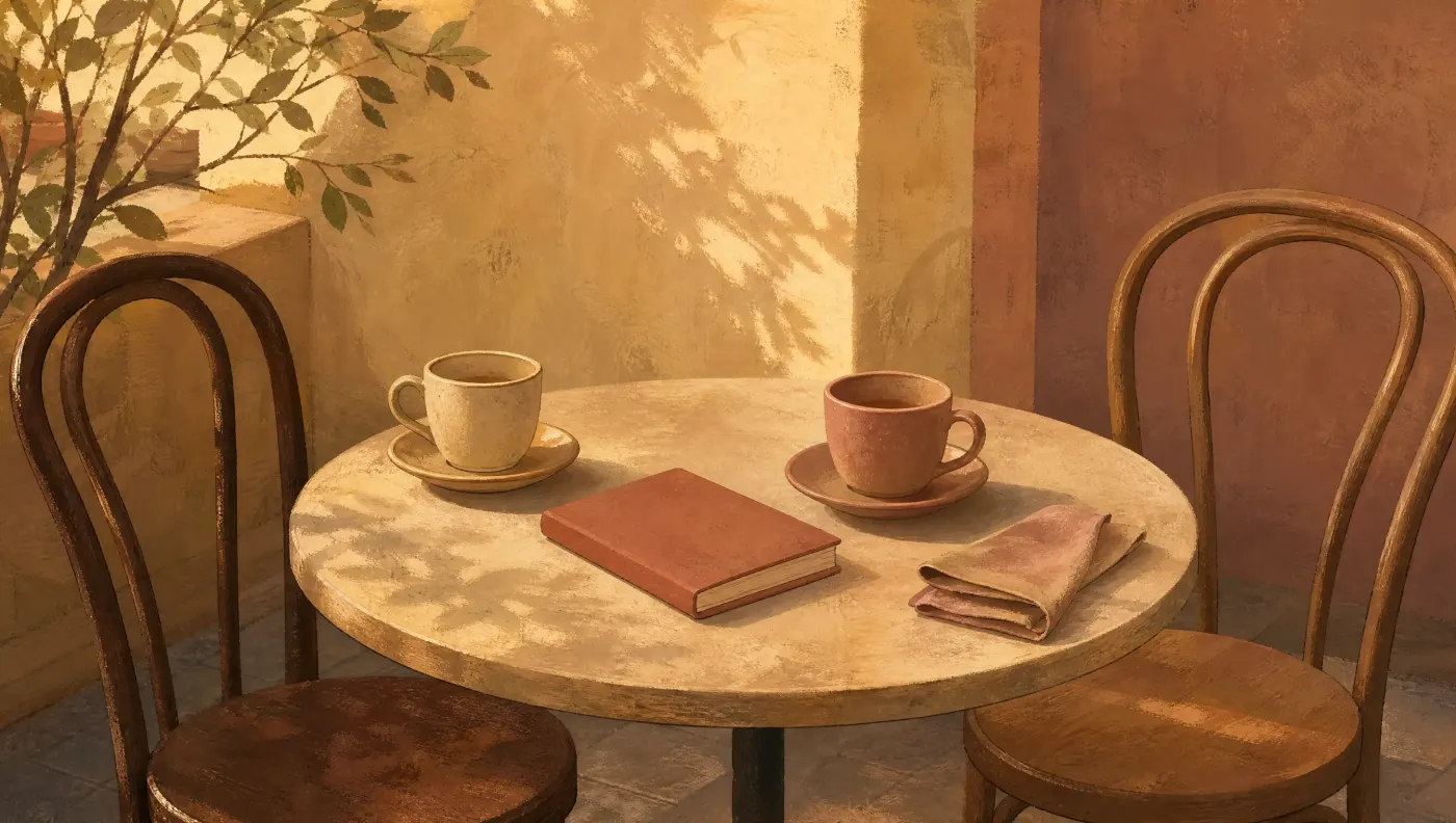 A small round cafe table with two cups, a folded napkin and a single notebook between them in late afternoon light.