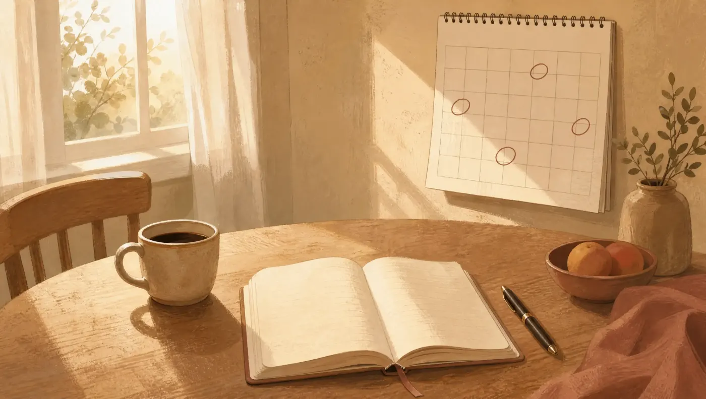 A kitchen table with an open notebook, a pen, a mug of coffee and a wall calendar with a few dates circled in warm morning light.