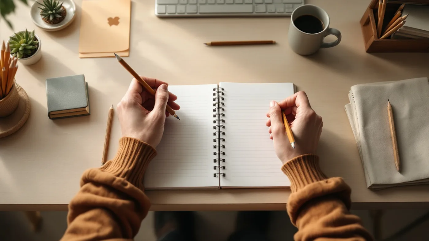 OCD statistics 2026: a person pausing at a tidy desk in soft morning light