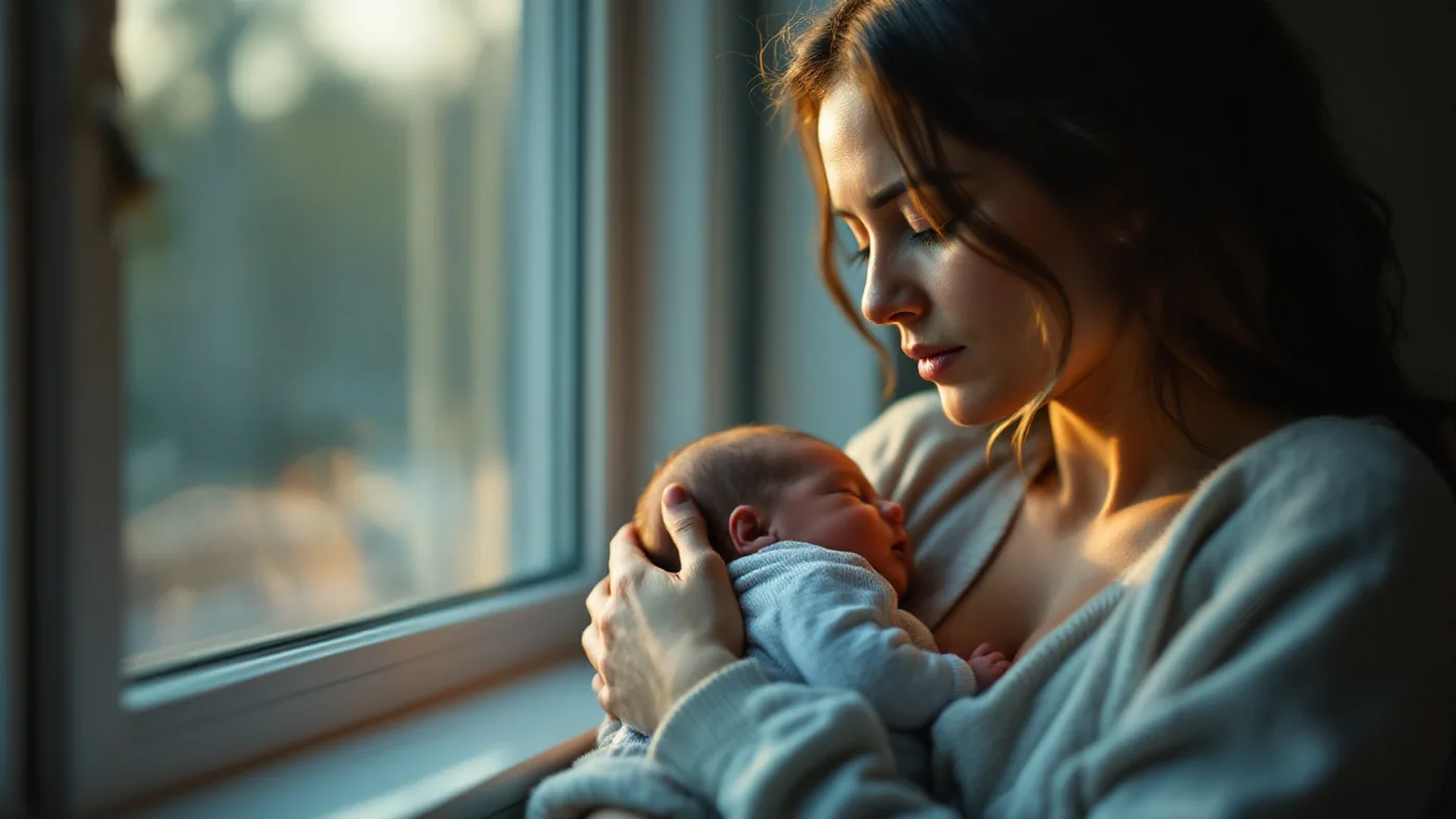 A parent holding a sleeping newborn beside a window in soft daylight