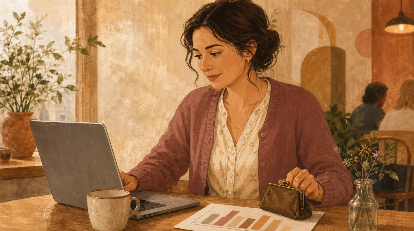 A clinician at a laptop at a cafe table, a printed bar chart beside the keyboard, one hand resting on a coin purse.