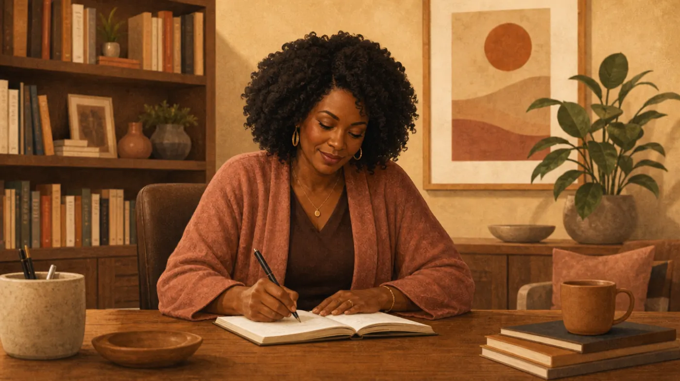 A Black woman therapist in a warm office lined with books, seated at her desk writing, a framed print and a plant behind her.
