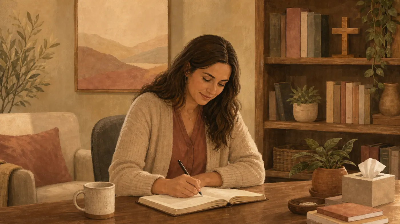 A counselor's office with a wooden cross on a bookshelf among books and a plant, a woman at the desk writing in a notebook.