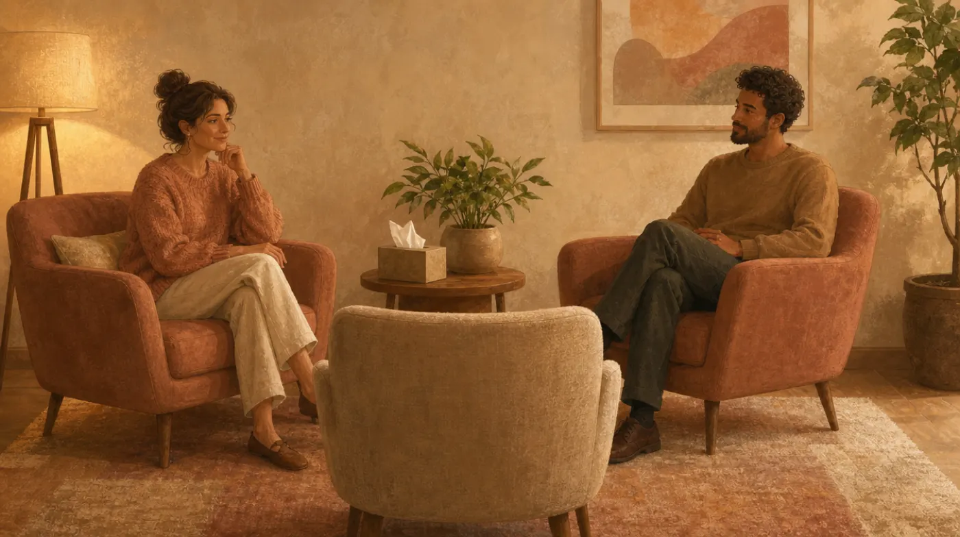 Two armchairs angled toward each other in a warm room, a third chair facing them, a box of tissues and a plant on a side table.