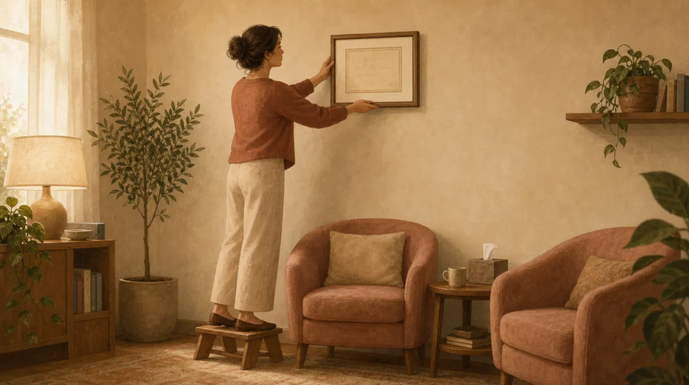 A framed certificate being hung on a consulting room wall by a therapist standing on a low step stool, armchairs below.
