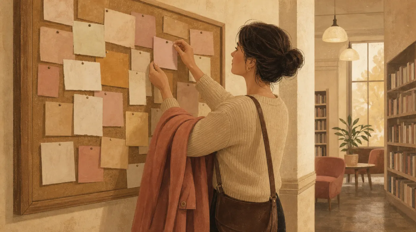 A community noticeboard in a library corridor covered in paper cards, a woman pinning her own card, coat over her arm.