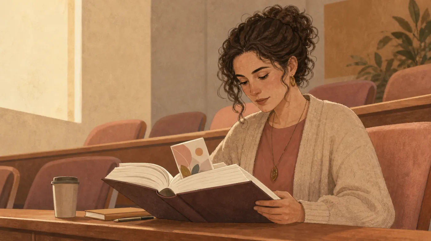A therapist reading a thick reference book at a lecture hall desk, a directory brochure tucked into the pages as a bookmark.