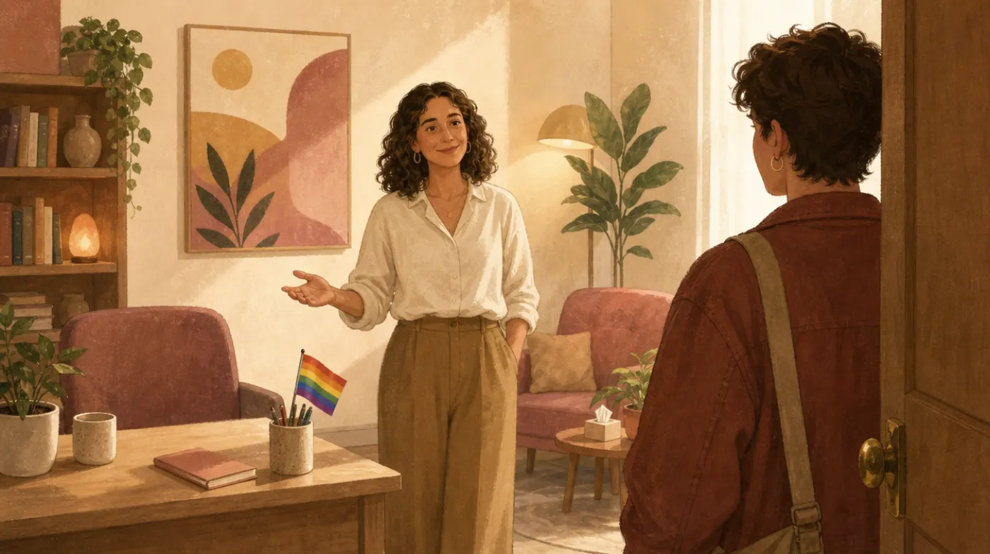 A bright consulting room with a small rainbow flag in a pencil cup on the desk, a therapist welcoming someone at the door.