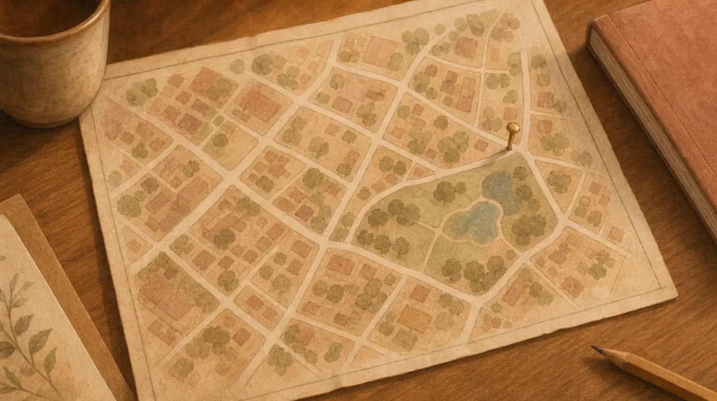 A hand-drawn neighborhood map spread on a desk with a small brass pin pushed into one street corner near a park.