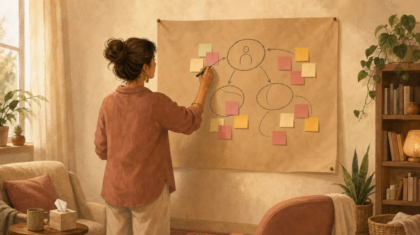 A therapist sketching a simple plan on a large sheet of butcher paper pinned to the wall of a small office, sticky notes in three colors.