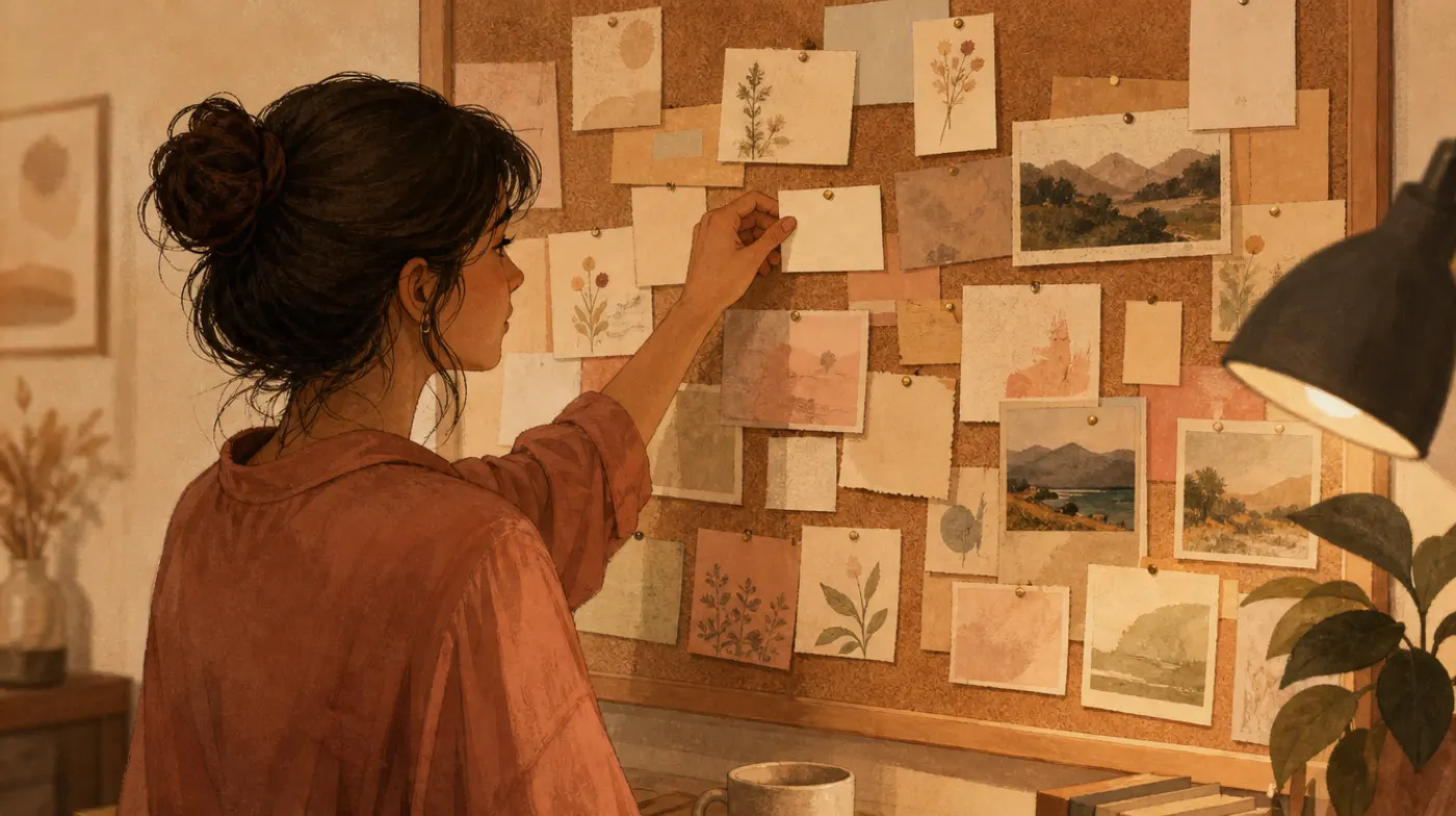 A corkboard crowded with small handwritten index cards and postcards, a woman adding one more card, warm lamp light.