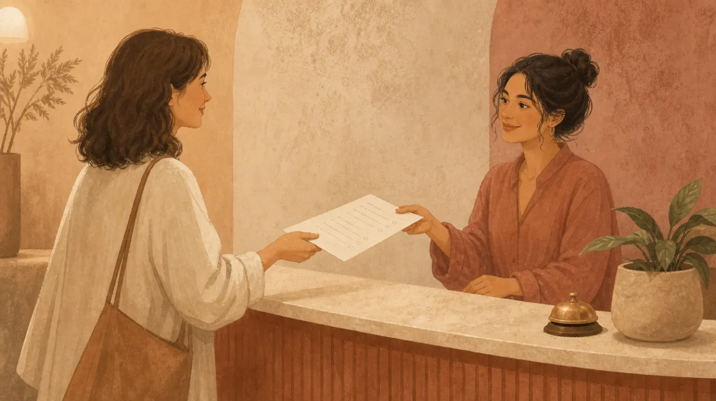 Two people reaching to pass a paper questionnaire across a reception counter, a small plant and a bell on the counter.