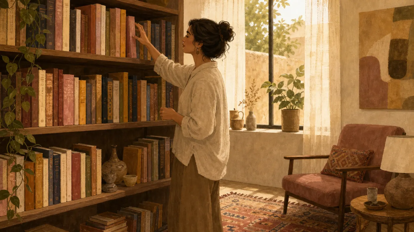 A shelf of books with spines in several languages beside a window, a therapist reaching for one, a woven rug on the floor.