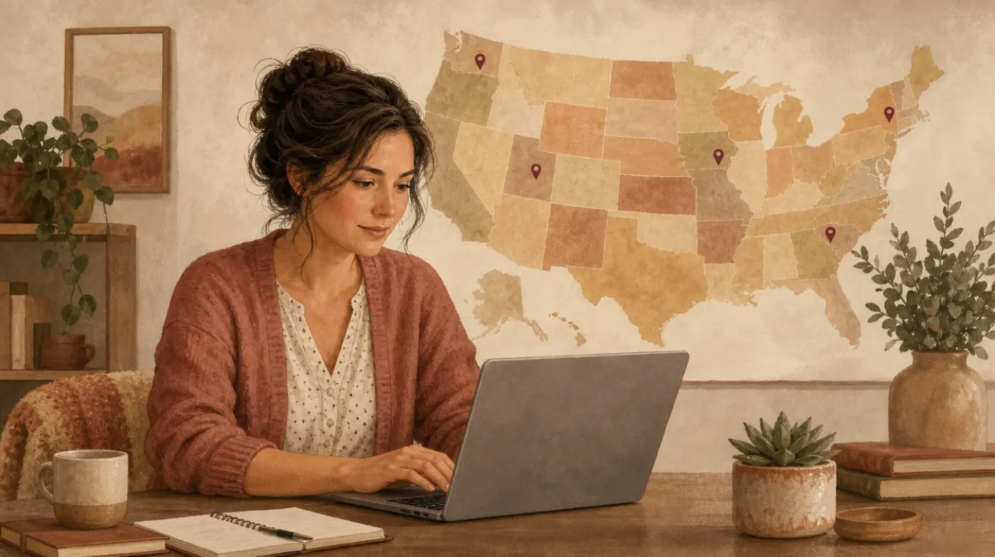 A clinician at a home desk with a laptop, a wall map of the United States behind with a few small pins in several states.