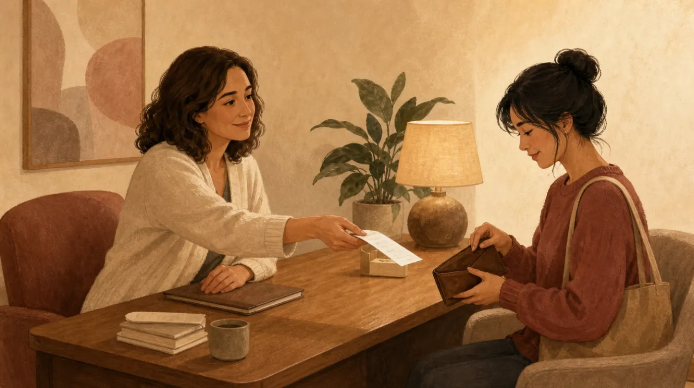 A therapist handing a printed receipt across a small desk to a client who is putting a wallet away, a plant and lamp on the desk.