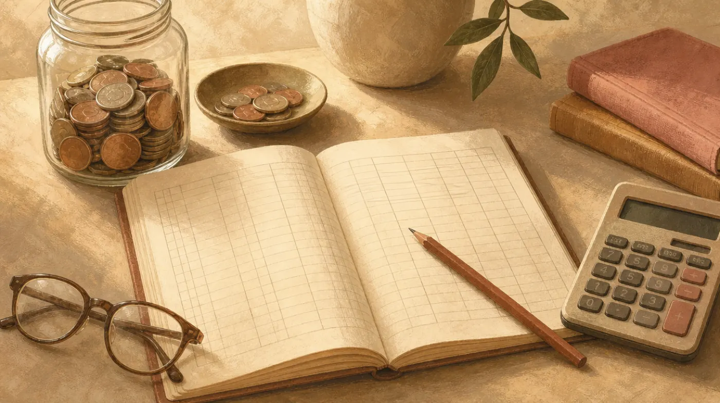 A ledger book open on a desk with neat pencil columns, a jar of coins, a calculator and a pair of reading glasses.