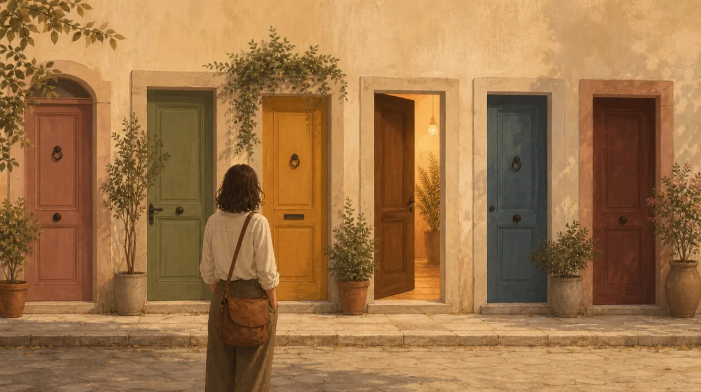 A row of six differently colored front doors along a quiet street, one slightly open with warm light inside, a person with a satchel deciding which to enter.