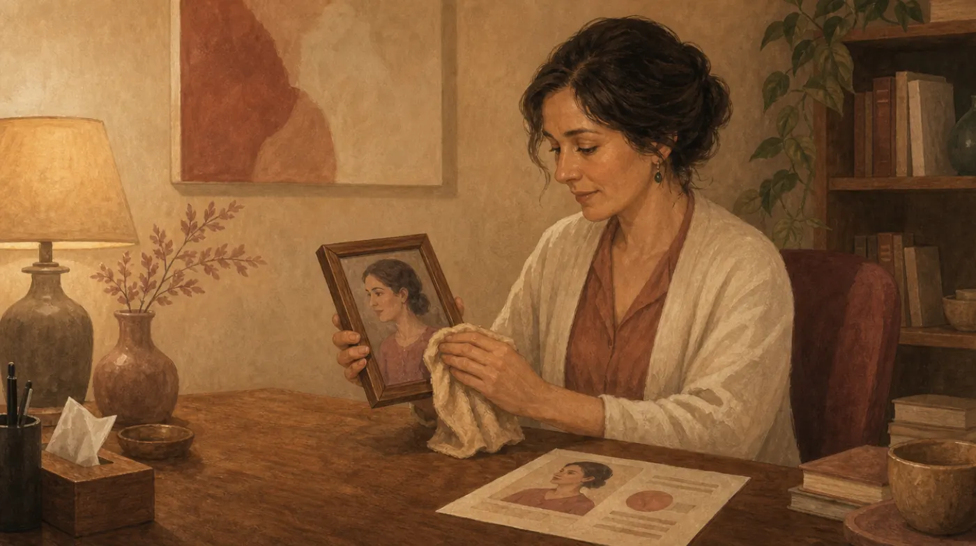 A therapist at a desk polishing a small framed portrait with a cloth, a printed profile page beside it, warm lamp light.