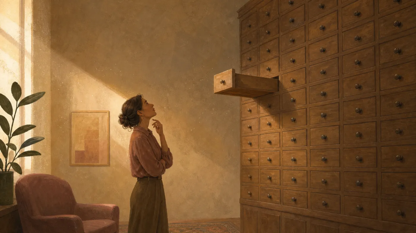 A therapist looking up at a tall wooden library card catalogue, one small drawer pulled out, dust in a shaft of light.
